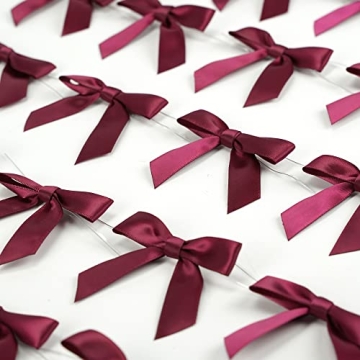 AIMUDI Burgundy Twist Tie Bows 2.5" Pre Tied Maroon Bows Premade Satin Gift Bows for Crafts Wine Bows for Treat Bags Gift Wrapping Wedding Baby Shower Party Favors Christmas Tree Decor - 50 Counts
