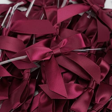 AIMUDI Burgundy Twist Tie Bows 2.5" Pre Tied Maroon Bows Premade Satin Gift Bows for Crafts Wine Bows for Treat Bags Gift Wrapping Wedding Baby Shower Party Favors Christmas Tree Decor - 50 Counts