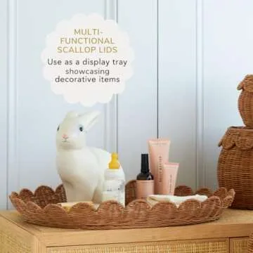 BEBE BASK The Original Scalloped Basket Set Of 2 - Small Scallop Basket - 15 x 10 x 6 In - Hand-Woven & Award-Winning - Elegant Wicker With Scalloped Edge Lid - Nursery Storage - (Mocca)