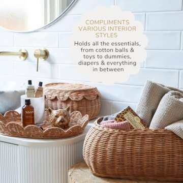 BEBE BASK The Original Scalloped Basket Set Of 2 - Small Scallop Basket - 15 x 10 x 6 In - Hand-Woven & Award-Winning - Elegant Wicker With Scalloped Edge Lid - Nursery Storage - (Mocca)