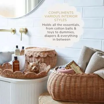 BEBE BASK The Original Scalloped Basket Set Of 2 - Small Scallop Basket - 15 x 10 x 6 In - Hand-Woven & Award-Winning - Elegant Wicker With Scalloped Edge Lid - Nursery Storage - (Mocca)