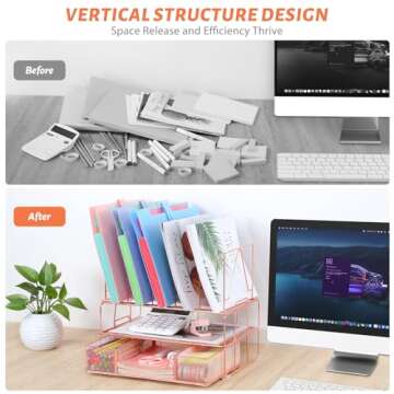 Housmile Rose Gold Desk Organizer, Office Supplies for Desk, 3-Tier File Organizer with Sliding Drawer, Paper Letter Tray, File Sorters and Anti-slip Silicone, Rust-proof, Stable and Strong