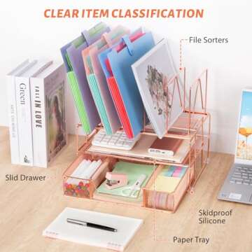 Housmile Rose Gold Desk Organizer, Office Supplies for Desk, 3-Tier File Organizer with Sliding Drawer, Paper Letter Tray, File Sorters and Anti-slip Silicone, Rust-proof, Stable and Strong