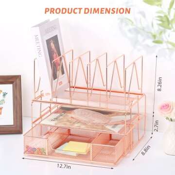 Housmile Rose Gold Desk Organizer, Office Supplies for Desk, 3-Tier File Organizer with Sliding Drawer, Paper Letter Tray, File Sorters and Anti-slip Silicone, Rust-proof, Stable and Strong