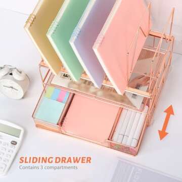 Housmile Rose Gold Desk Organizer, Office Supplies for Desk, 3-Tier File Organizer with Sliding Drawer, Paper Letter Tray, File Sorters and Anti-slip Silicone, Rust-proof, Stable and Strong