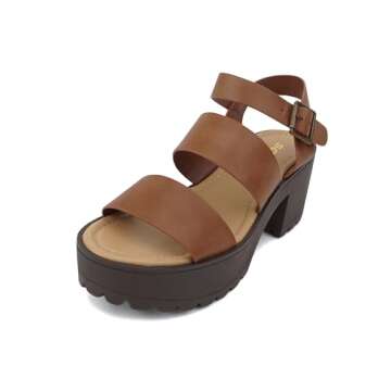 Soda ACCOUNT ~ Women Open Toe Two Bands Lug sole Fashion Block Heel Sandals with Adjustable Ankle St...