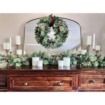 Artificial Christmas Garland with Pine Cones and Red Berries, 9 ft x 10 inch Decorations Unlit