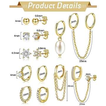 HAIAISO 10 Pairs Small Gold Huggie Hoop Earrings for Women Lightweight Double Piercing Chain Earring...
