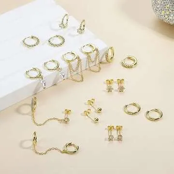 HAIAISO 10 Pairs Small Gold Huggie Hoop Earrings for Women Lightweight Double Piercing Chain Earrings 14K Gold Plated Dainty Ball Stud Earrings Hypoallergenic Gold Earring Set