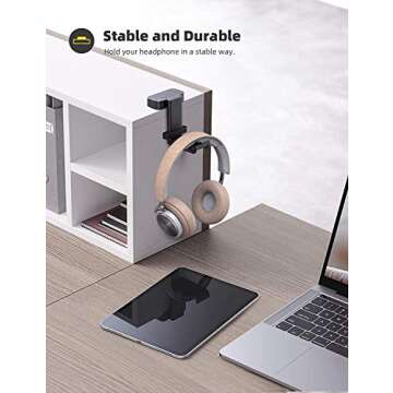 Lamicall Headphone Holder, Sticky Headset Stand - Under Desk Headphone Hanger, Rotable Adhesive Headset Hook Holder, Headset Mount with Cable Organizer, for All Headset Like HyperX, Sennheiser, Black