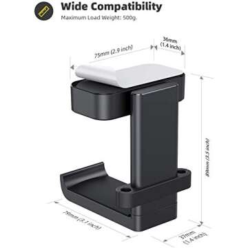 Lamicall Headphone Holder, Sticky Headset Stand - Under Desk Headphone Hanger, Rotable Adhesive Headset Hook Holder, Headset Mount with Cable Organizer, for All Headset Like HyperX, Sennheiser, Black