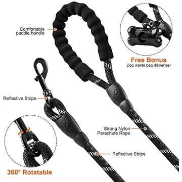 5 FT Strong Dog Leash with Comfortable Padded Handle & Highly Reflective Threads Puppy Leashes for Medium & Large Dogs (Black)