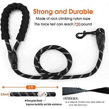 5 FT Strong Dog Leash with Comfortable Padded Handle & Highly Reflective Threads Puppy Leashes for Medium & Large Dogs (Black)