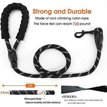 5 FT Strong Dog Leash with Comfortable Padded Handle & Highly Reflective Threads Puppy Leashes for Medium & Large Dogs (Black)