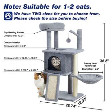 TSCOMON 36.6inch Medium Cat Tree House Condo for Indoor Cats, Soft Plush Multi-Level Climbing Tree Cat House with Hammock, Scratching Post, Sisal Staircase, Grey