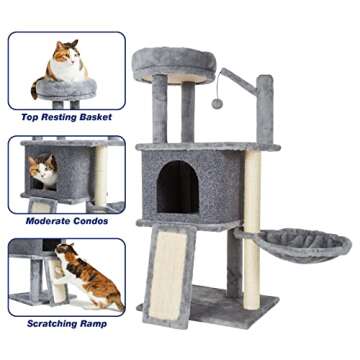 TSCOMON 36.6inch Medium Cat Tree House Condo for Indoor Cats, Soft Plush Multi-Level Climbing Tree Cat House with Hammock, Scratching Post, Sisal Staircase, Grey