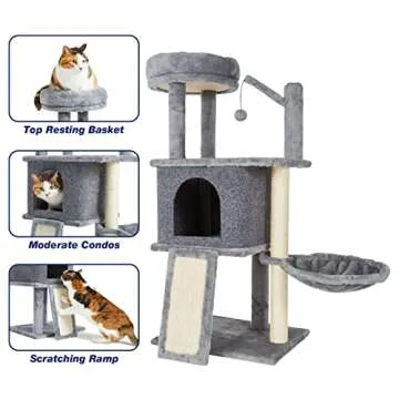 TSCOMON 36.6inch Medium Cat Tree House Condo for Indoor Cats, Soft Plush Multi-Level Climbing Tree Cat House with Hammock, Scratching Post, Sisal Staircase, Grey
