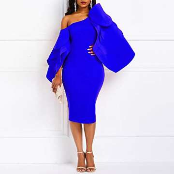 VERWIN Bodycon Dress for Woman Long Sleeve Knee-Length Ruffle Sleeve Off Shoulder Evening Dress (Medium, Blue)