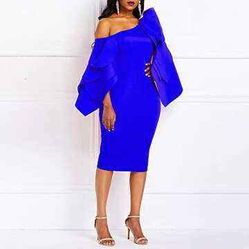 VERWIN Bodycon Dress for Woman Long Sleeve Knee-Length Ruffle Sleeve Off Shoulder Evening Dress (Medium, Blue)