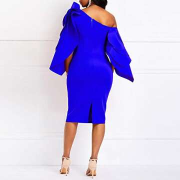 VERWIN Bodycon Dress for Woman Long Sleeve Knee-Length Ruffle Sleeve Off Shoulder Evening Dress (Medium, Blue)