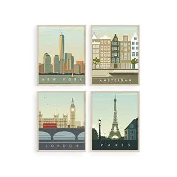 Vintage Travel Posters and Blue Beach Wall Art Bundle for Home Decor