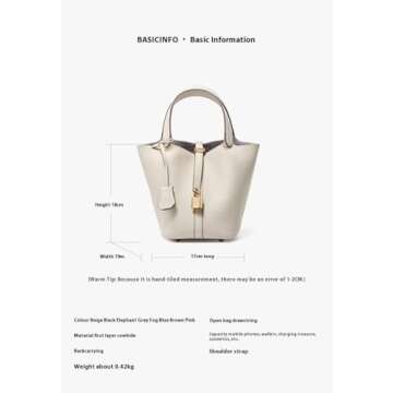 Genuine Leather Lock Design Bucket Bag Vegetable Basket, Fashionable and Versatile Shoulder Handbag Small Satchel Purses