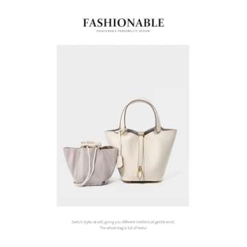 Genuine Leather Lock Design Bucket Bag Vegetable Basket, Fashionable and Versatile Shoulder Handbag Small Satchel Purses