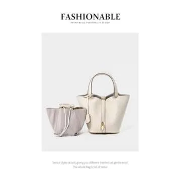 Genuine Leather Lock Design Bucket Bag Vegetable Basket, Fashionable and Versatile Shoulder Handbag Small Satchel Purses