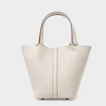 Genuine Leather Lock Design Bucket Bag Vegetable Basket, Fashionable and Versatile Shoulder Handbag Small Satchel Purses