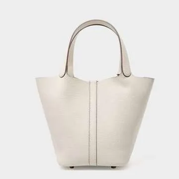 Genuine Leather Lock Design Bucket Bag Vegetable Basket, Fashionable and Versatile Shoulder Handbag Small Satchel Purses