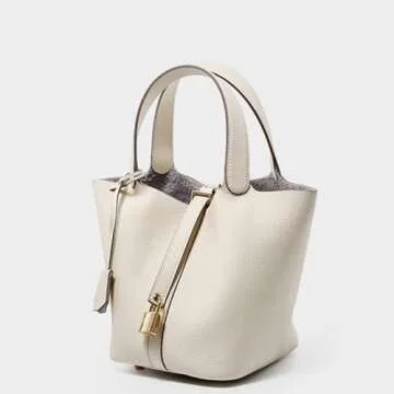 Genuine Leather Lock Design Bucket Bag Vegetable Basket, Fashionable and Versatile Shoulder Handbag Small Satchel Purses