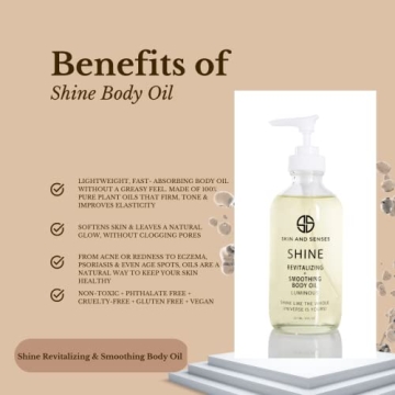 Shine Revitalizing & Smoothing Body Oil Luminous –100% Natural, plant-based ingredients Loaded with a blend of Healing Oils and Vitamin E, that deeply soothe, and moisturizes the skin.