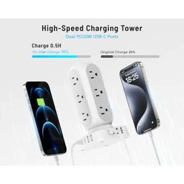 Flat Plug Power Strip Tower, 40W Total Fast Charging Station, Dual PD 20W USB-C Surge Protector with 12 AC Outlets and 8 USB Ports (4 USB C), 10FT Extension Cord for Home Office Dorm Room