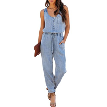 Chouyatou Women's Denim Scoop Neck Sleeveless Jumpsuit - Lightweight, Stylish & Comfortable