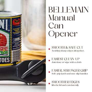 Bellemain Stainless Steel Can Opener – Manual Can Opener For seniors - Ergonomic Smooth edge Can Opener Hand Held Can Opener Heavy Duty – Easy to use can opener safe cut