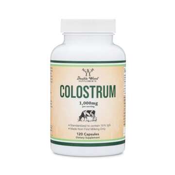 Colostrum Supplement 120 Capsules, 1,000mg per Serving (Bovine Colostrum Powder from First Milking Only, Std. to Contain 15% IgG Immunoglobulins) No Fillers, Third Party Tested by Double Wood