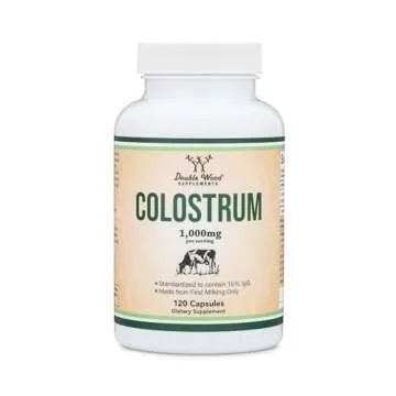 Colostrum Supplement 120 Capsules, 1,000mg per Serving (Bovine Colostrum Powder from First Milking Only, Std. to Contain 15% IgG Immunoglobulins) No Fillers, Third Party Tested by Double Wood