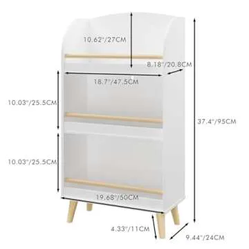 AMZOSS 3 Tier Kids Wooden Bookshelf, Wooden Children Bookcase with 3-Compartment Storage Cabinet, Ki...