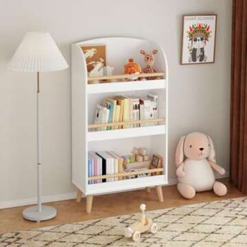 AMZOSS 3 Tier Kids Wooden Bookshelf, Wooden Children Bookcase with 3-Compartment Storage Cabinet, Kids' Toy Storage Organizer for Playing Room, Nursery, Bedroom, 19.7" L x 9.5" W x 37.4" H