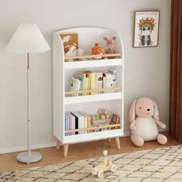 AMZOSS 3 Tier Kids Wooden Bookshelf, Wooden Children Bookcase with 3-Compartment Storage Cabinet, Kids' Toy Storage Organizer for Playing Room, Nursery, Bedroom, 19.7" L x 9.5" W x 37.4" H
