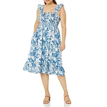 The Drop Women's Kimi Ruffled Shoulder Smocked Midi Dress, Blue Floral, 2X, Plus Size