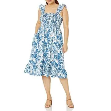 The Drop Women's Kimi Ruffled Shoulder Smocked Midi Dress, Blue Floral, 2X, Plus Size