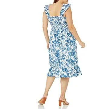 The Drop Women's Kimi Ruffled Shoulder Smocked Midi Dress, Blue Floral, 2X, Plus Size