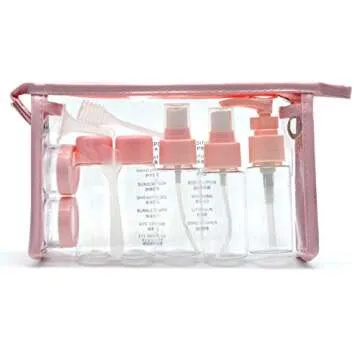 NUTAKI Tsa Approved Travel Toiletry Bottles Leakproof Containers Kit (BPA FREE) Travel Accessories - 10 Pieces/Clear Bag-Pink