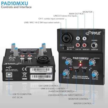 Pyle 2-Channel Audio Mixer - USB DJ Sound Controller with 18V Power