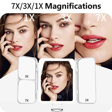 TOUCHFEEL Travel Makeup Mirror, Rechargeable 1X/3X/7X Magnifying Lighted Vanity Compact Mirror with 72 LED, Portable LED Makeup Mirror with 3 Color Lights and Touch Sensor Design (White)
