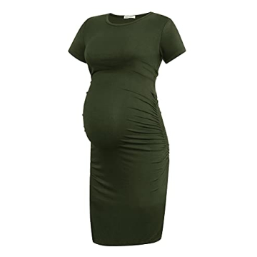 Smallshow Women's Short Sleeve Maternity Dress Ruched Pregnancy Clothes Small Army Green
