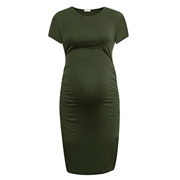 Smallshow Women's Short Sleeve Maternity Dress Ruched Pregnancy Clothes Small Army Green