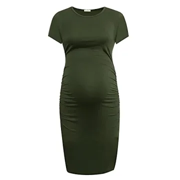 Smallshow Women's Short Sleeve Maternity Dress Ruched Pregnancy Clothes Small Army Green
