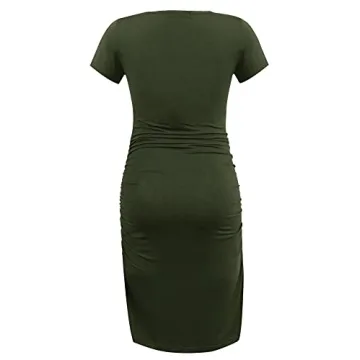 Smallshow Women's Short Sleeve Maternity Dress Ruched Pregnancy Clothes Small Army Green